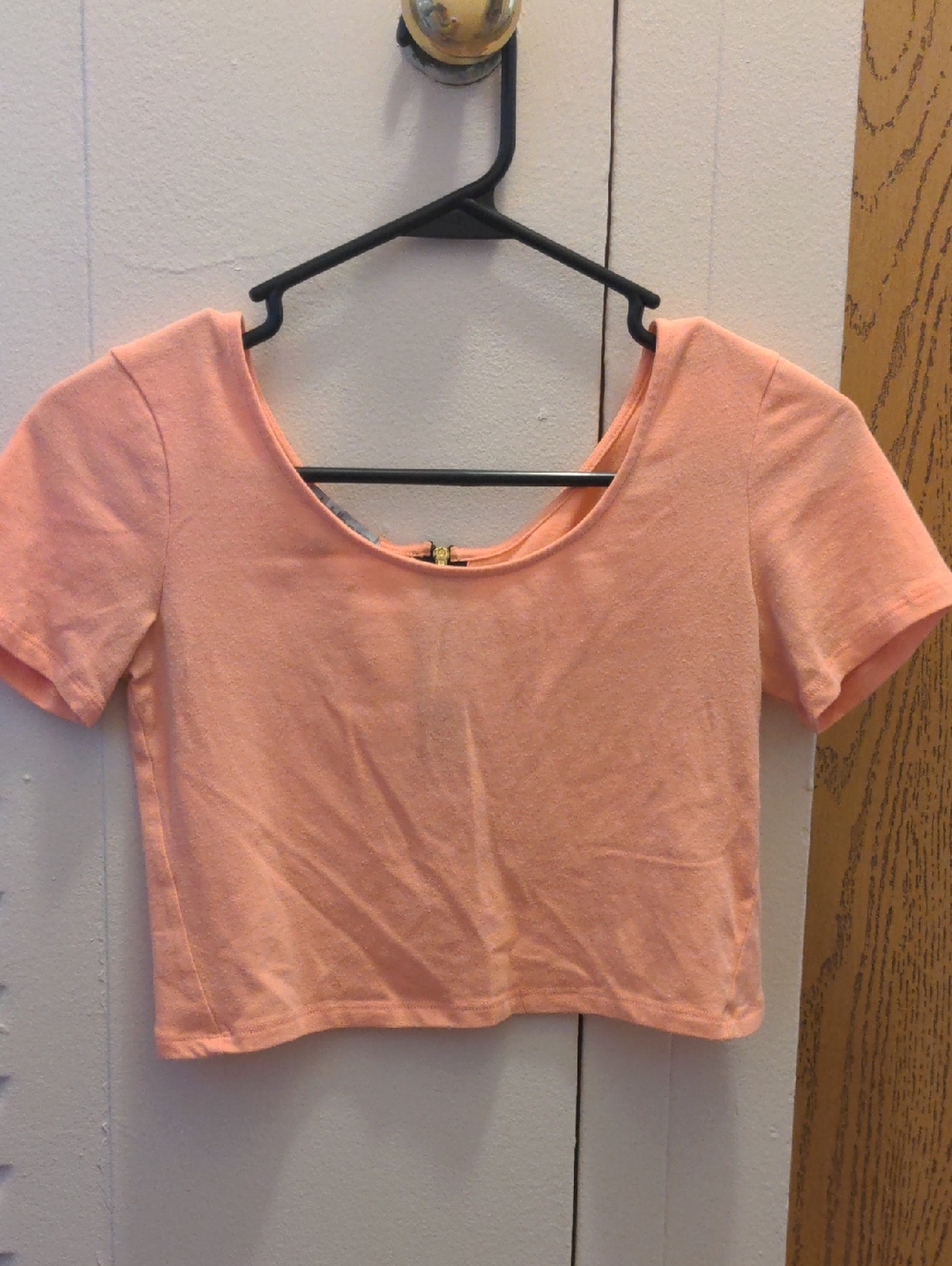 Zippered Back Peach Coral Short Sleeve Scoop Neck Crop Top Tank Top Belly Shirt
